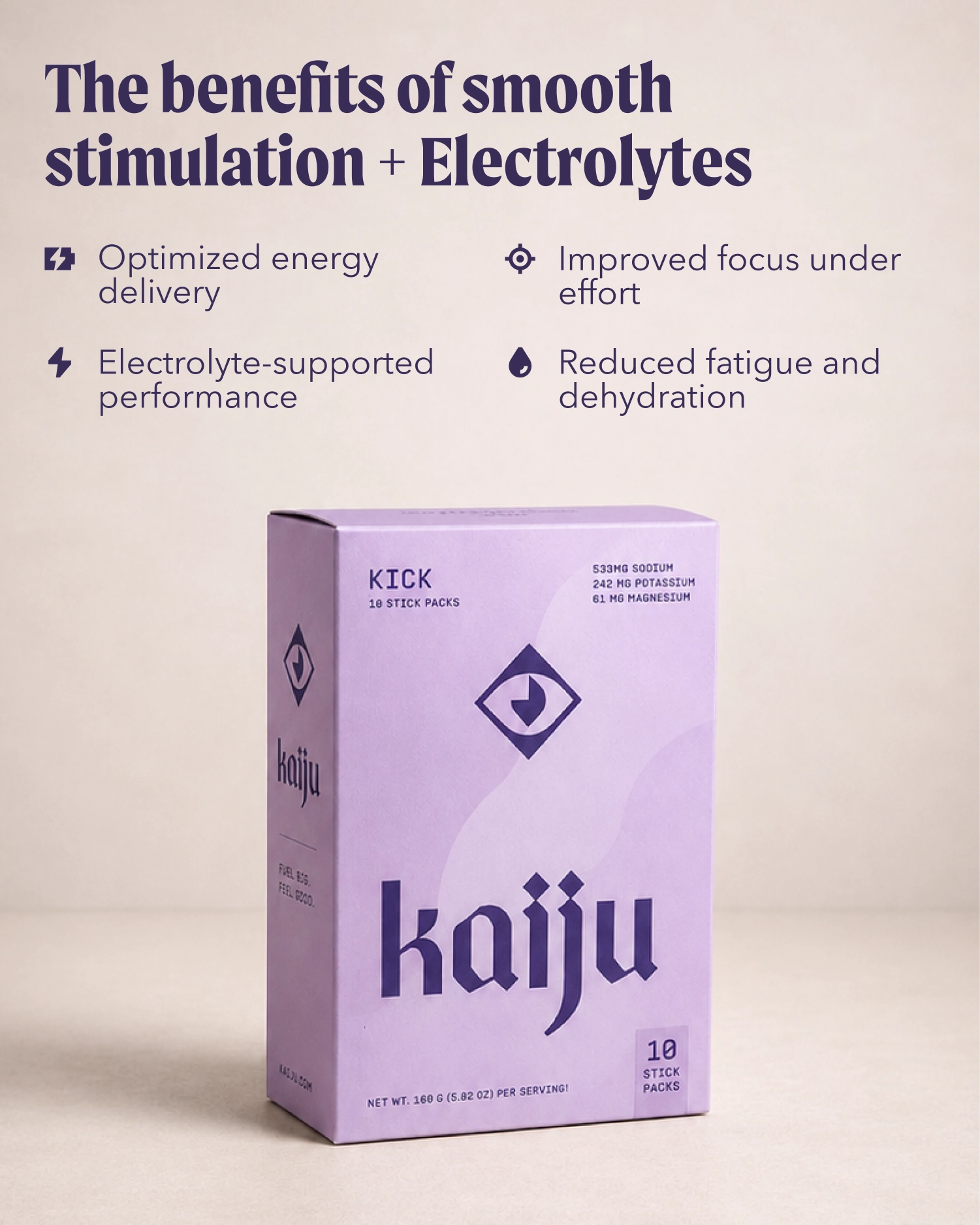 A box of KICK Kaiju smooth stimulation electrolyte powder stands on a light beige background with promotional text above it. The box is lavender purple with dark purple branding and text.