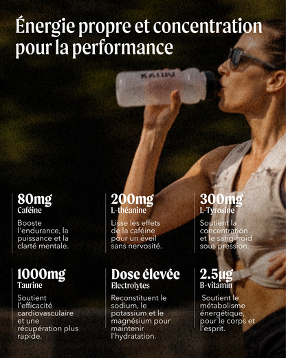 A French supplement information graphic featuring a woman drinking from a clear bottle labeled KALIN. The left side has white text over a dark background listing ingredients and dosages: 80mg caffeine, 200mg L-theanine, 300mg L-Tyrosine, 1000mg Taurine, and 2.