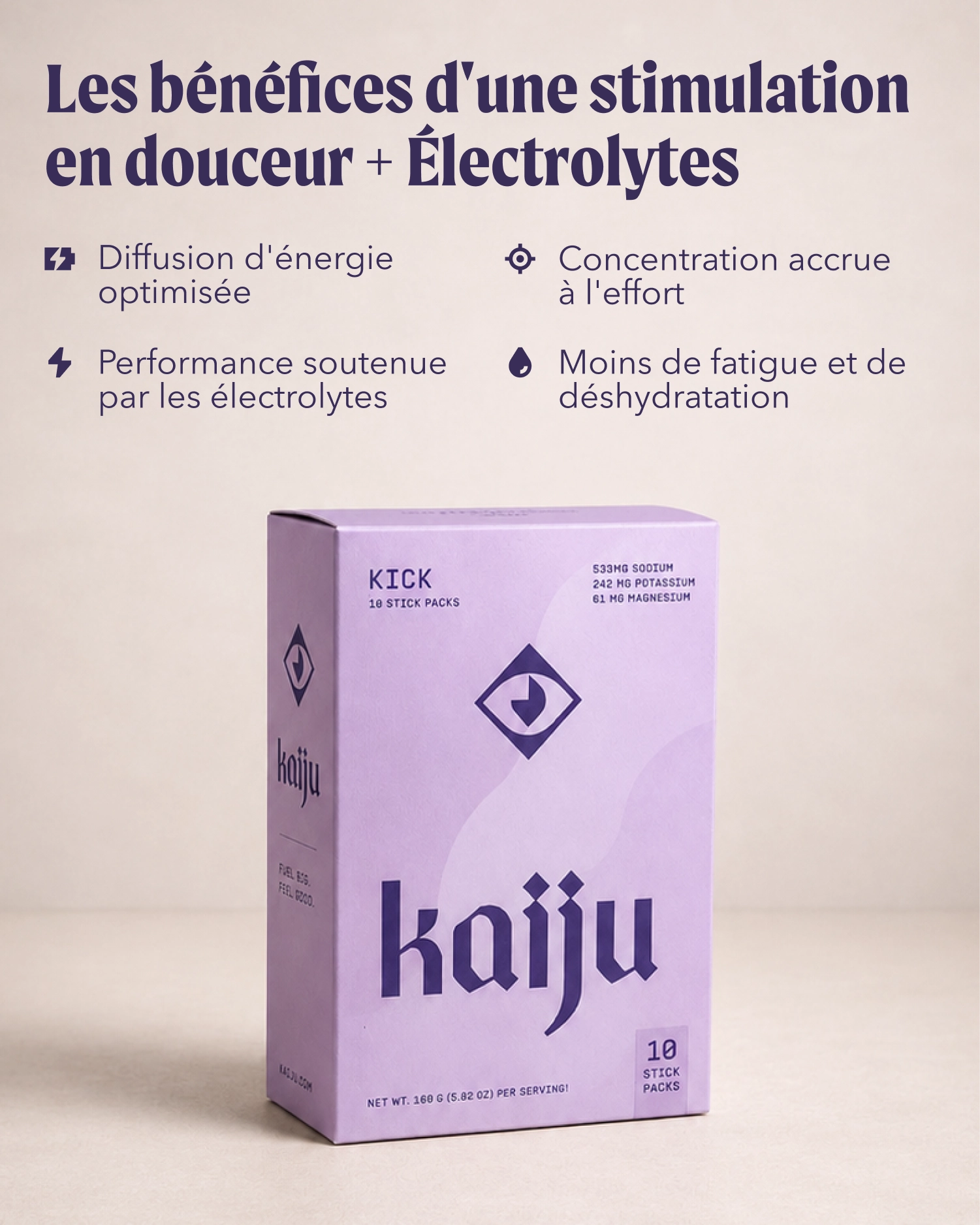 A lavender box of KICK Kaiju electrolyte powder sticks is shown on a light beige background with French promotional text above it. The box has a purple-to-light-purple gradient with dark purple branding and text.