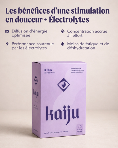 A lavender box of KICK Kaiju electrolyte powder sticks is shown on a light beige background with French promotional text above it. The box has a purple-to-light-purple gradient with dark purple branding and text.