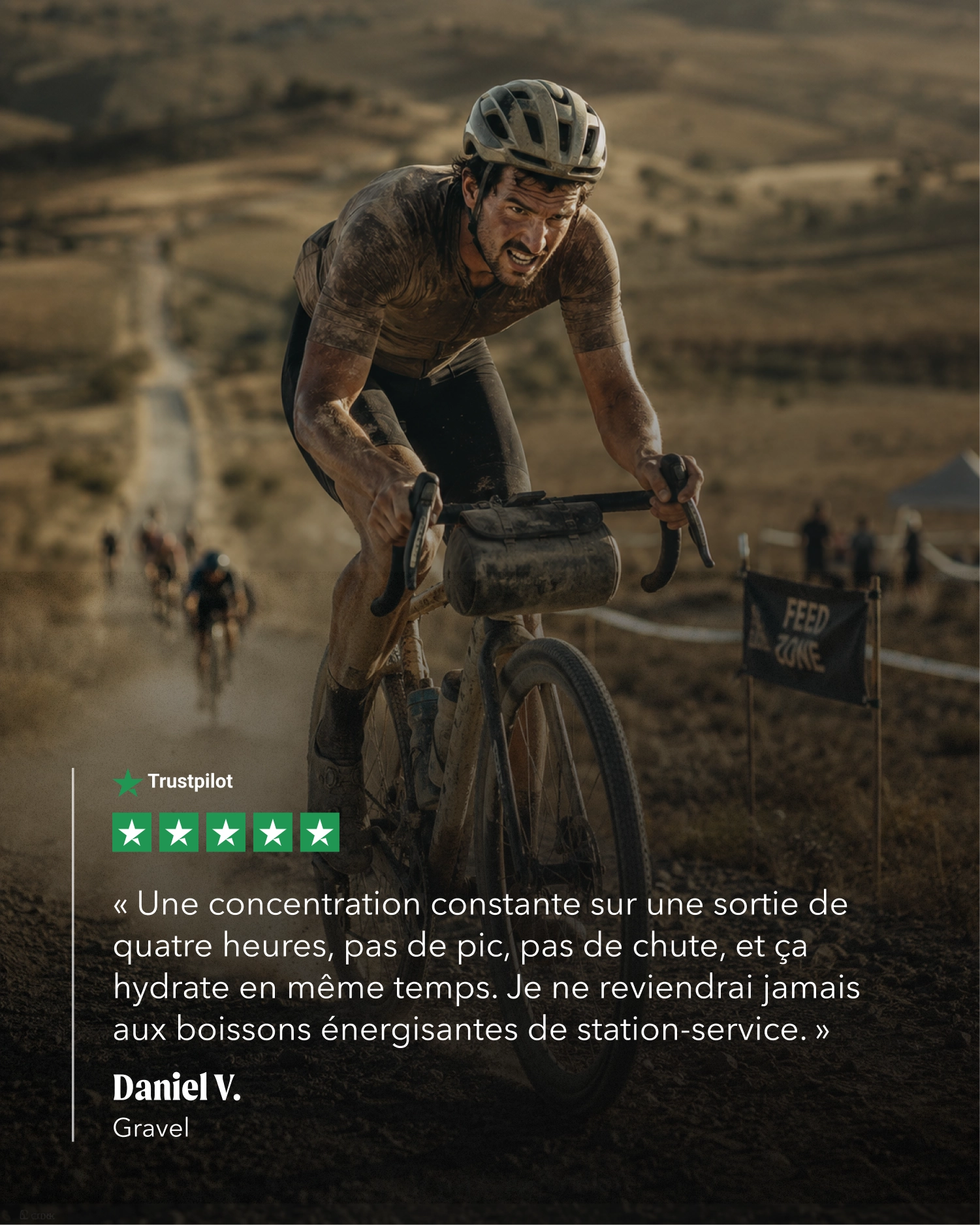 A cyclist rides a bicycle on a dirt road in an outdoor mountain setting, with a Trustpilot review overlay showing a five-star rating and a quote from Daniel V. on Gravel.