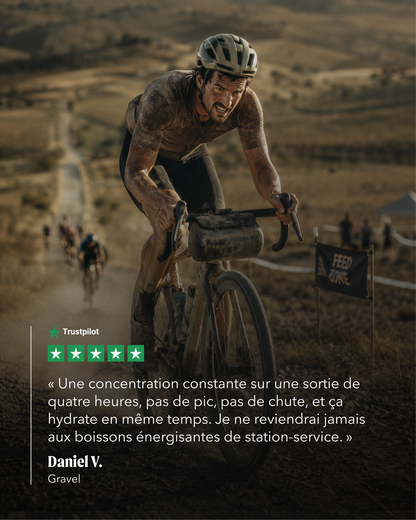A cyclist rides a bicycle on a dirt road in an outdoor mountain setting, with a Trustpilot review overlay showing a five-star rating and a quote from Daniel V. on Gravel.