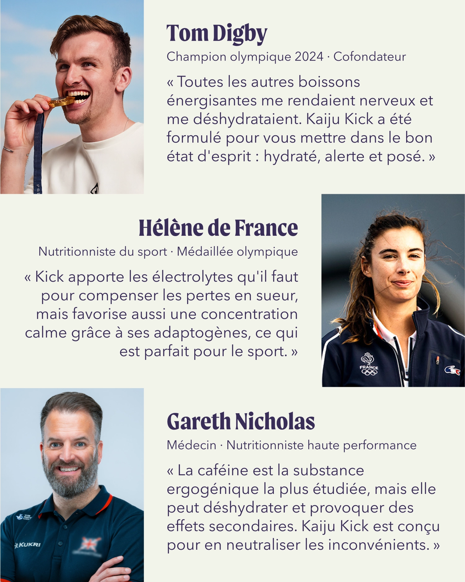 A promotional graphic featuring three French sports figures with photos and text: Tom Digby, Hélène de France, and Gareth Nicholas, all wearing Kaiju Kick branded athletic apparel. The layout includes their portraits, quotes, and titles on a light gray background.