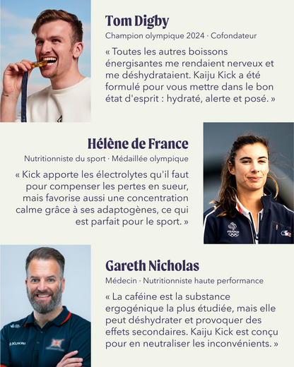A promotional graphic featuring three French sports figures with photos and text: Tom Digby, Hélène de France, and Gareth Nicholas, all wearing Kaiju Kick branded athletic apparel. The layout includes their portraits, quotes, and titles on a light gray background.